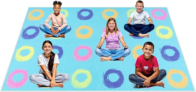 STARUIA Big Educational Area Rug Classroom Rugs for Elementary, 7.5x13 Abstract Blue Rug with Colorful Handpainted Circles, Stain-Resistant High-Traffic Kids Carpet for Playroom Home Learning