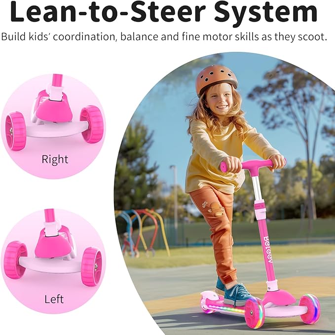 BELEEV A9 Kids Scooter with LED Light-Up Wheels & Deck, 3 Wheel Folding Scooter for Toddlers Girls Boys Ages 3-12, Adjustable Handlebar, Lean to Steer, Extra-Wide Wheels, Kick Scooter for Children