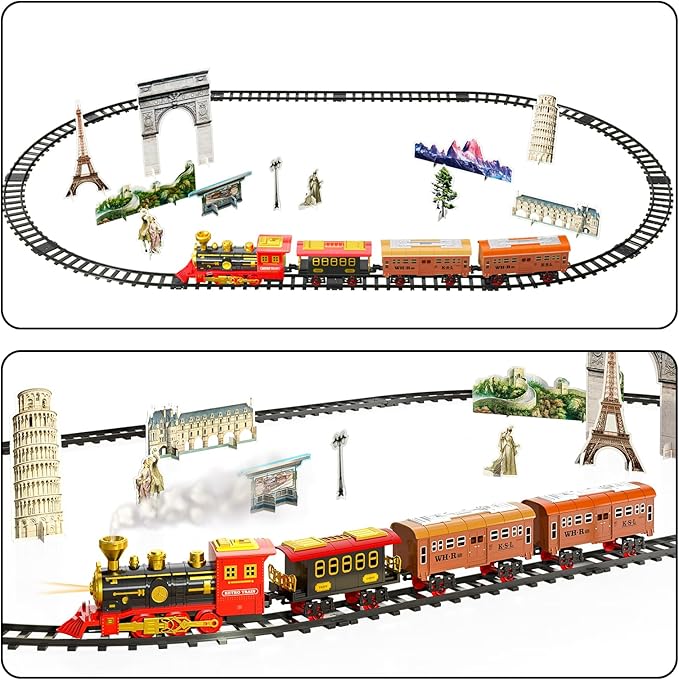 TEMI Train Set for Kids Toddlers 3-5, Train with Steam Engine, Cargo Car and Long Track, Rechargeable Battery Play Red Train Toys with Smoke, Light & Sounds, Gift for Boys & Girls 4-7 Years