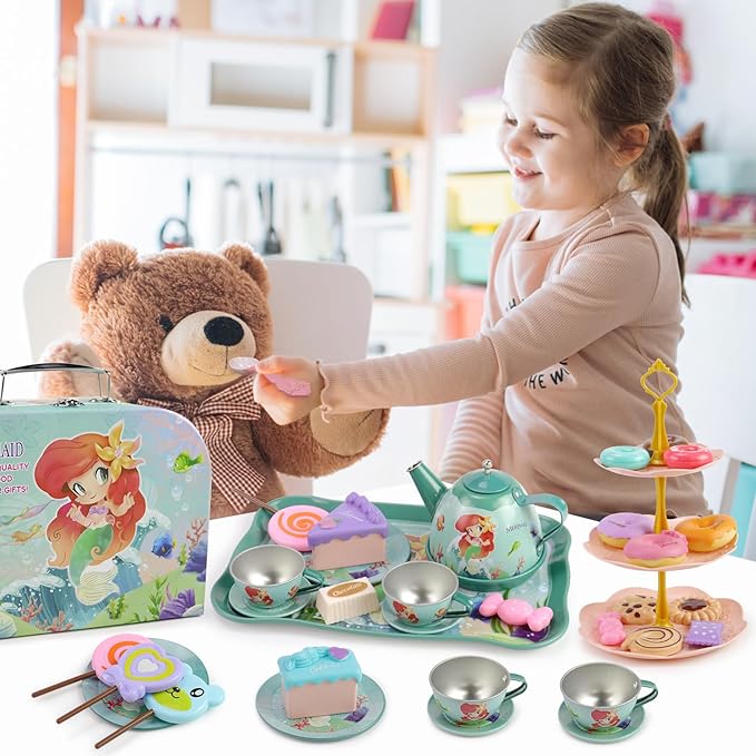 Motiloo 48 Pcs Mermaid Kids Tea Party Set with Carrying Case & Sweet Treats Playset - Pretend Toy Tin Tea Set for Little Girls - Princess Tea Time Pretend Play Tea Set Toys