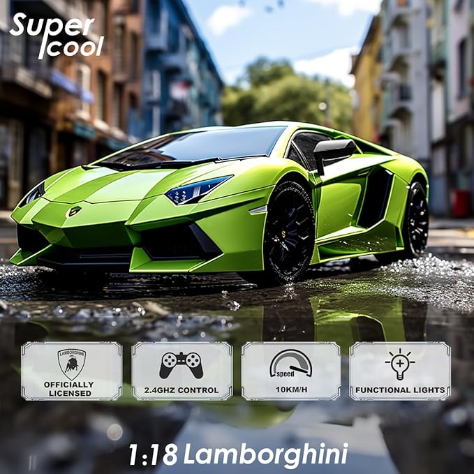 QUN FENG RC Car 1:18 Lamborghini Aventador 2.4G Radio Remote Control Cars Electric Car Sport Racing Hobby Toy Car Grade Licensed Model Vehicle for Kids, Green