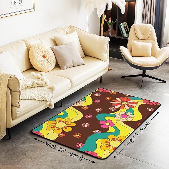 Erosebridal 70S Groovy Flowers Area Rug 3x5 Psychedelic Hippie Flower Carpet Groovy Floral Decorative Rug for Kids Girls Teen,Cute Boho Wavy Aesthetic Non Shedding Indoor Floor Mat