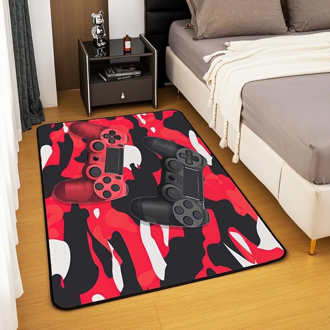 Games Rug Gamepad Area Rug 5x6'6'' for Boys, Kids Video Games Carpet for Bedside, Modern Gamer Console Action Buttons Carpet for Playroom, Fashion Teens Red Black Camouflage Washable Accent Rug