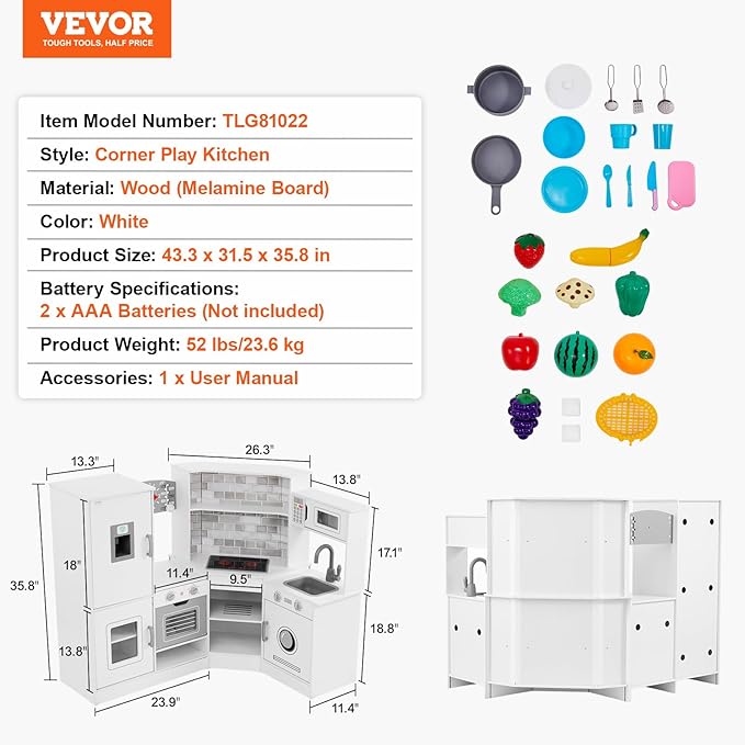 VEVOR Interactive Wooden Toy Play Kitchen Playset for Kids with Lights and Sounds, Corner Design with Ice Maker, Oven, Sink, Clock, Microwaves, Refrigerator and Accessories, for Girls & Boys, White