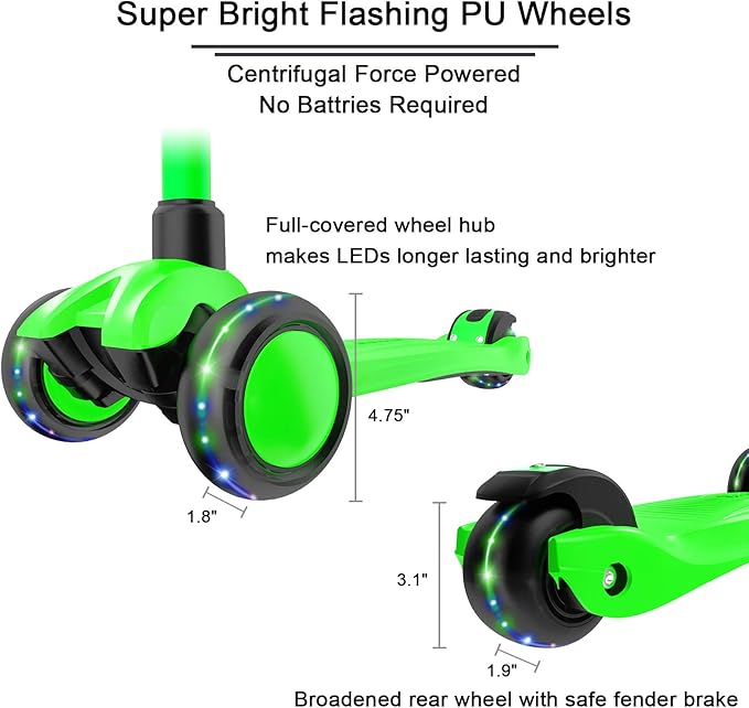 Allek Kick Scooter B03, Lean 'N Glide 3-Wheeled Push Scooter with Extra Wide PU Light-Up Wheels, Any Height Adjustable Handlebar and Strong Thick Deck for Children from 3-12yrs (Lime Green)