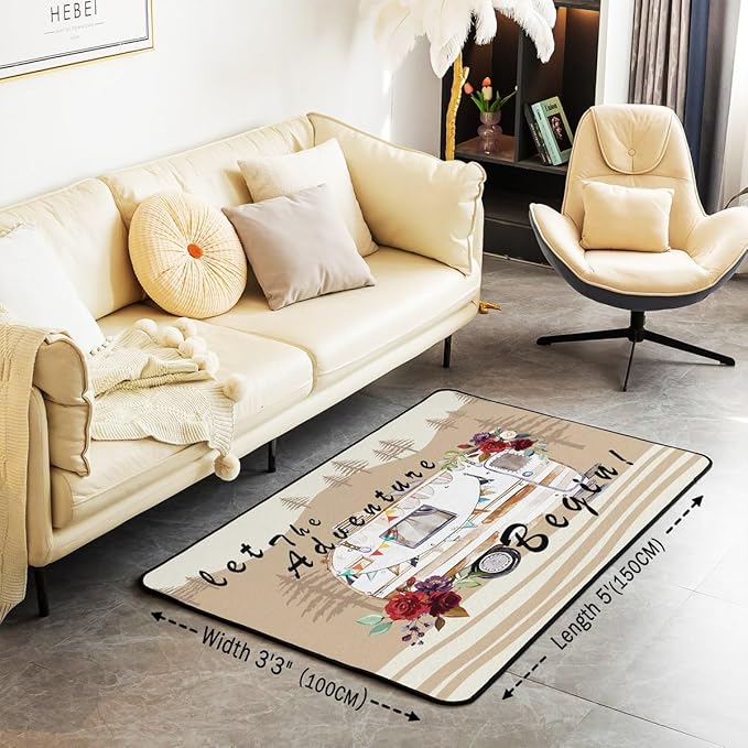 Erosebridal Camper Adventure Area Rug 3x5 RV Car Rug for Adults Men Women Cartoon Spring Flowers Mountain Travel Carpet Retro Brown Abstract Botanical Non Slip Accent Rug