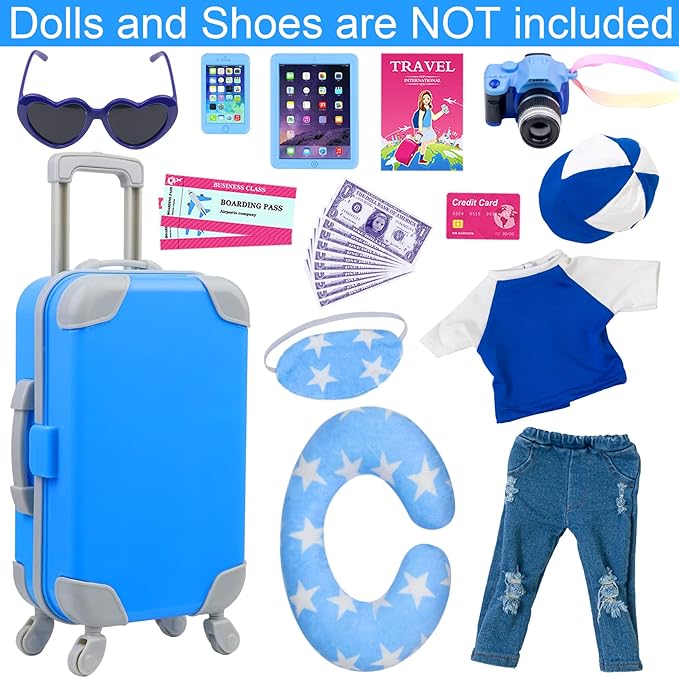 Ecore Fun 24 Pcs 18 Inch Boy Doll Clothes and Accessories Suitcase Play Set Included Travel Carrier Clothes Camera Phone Travel Pillow Passport Tickets Cashes Credit Card Map
