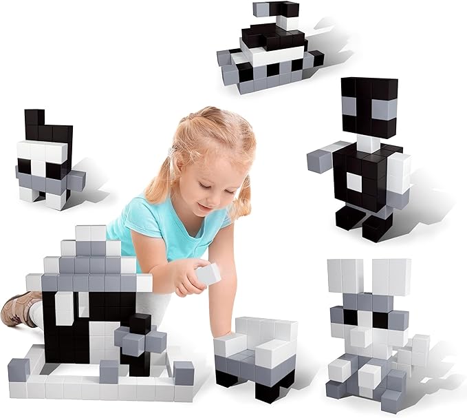 Picasso Cubes 1” Magnetic Puzzle Cube 101 pcs Black and White Magnet Construction Building Block Set Sensory Toy Early Education STEM Learning, Free Ideabook with 53 Ideas, Children Age 3+ Boy Girl