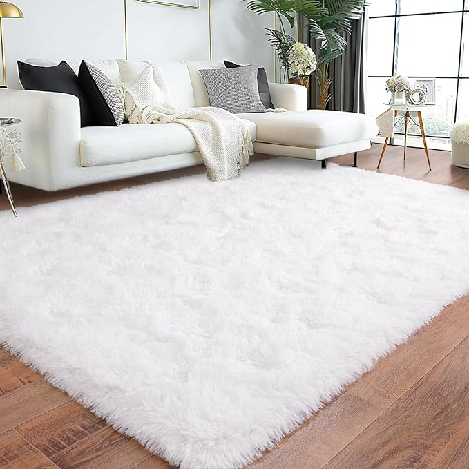 Super Fluffy Area Rug for Bedroom, Modern Shag White Area Rugs, Soft Plush Small Carpet for Kids,Girls Boys and Teens Decorations for Living Room Dorm Nursery Classroom, 9x12 Feet