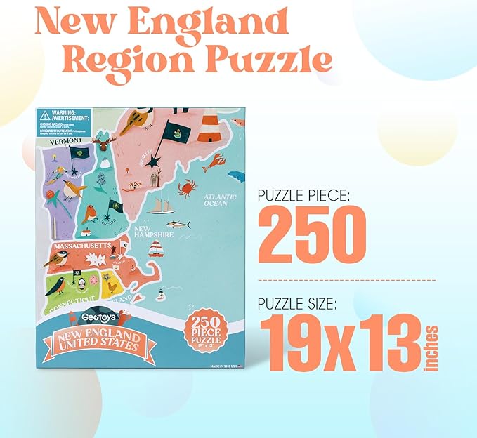 Geotoys New England Region Jigsaw Puzzle - 250 Piece Puzzle for Kids - Jigsaw Puzzles for Kids Ages 8-12 Years Old - Geography Puzzles with Colorful Landmarks, United States Flag and More