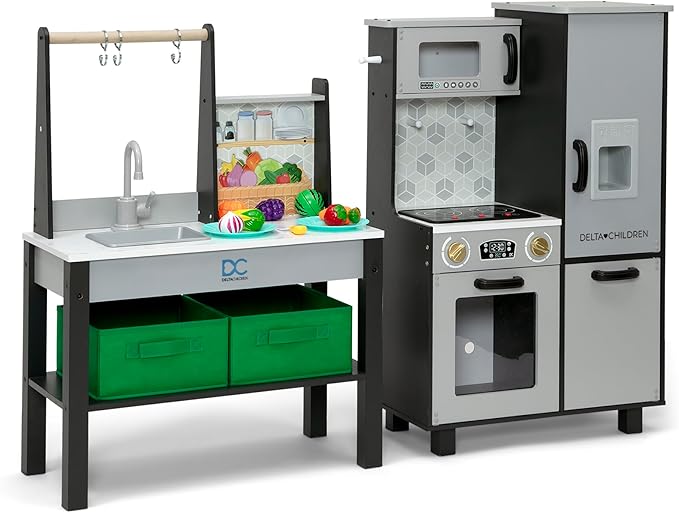 Delta Children Gourmet All-in-One Corner Play Kitchen - Toy Kitchen Playset with Safe & Heatless Stove with Lights, Oven, Sink, Fridge/Freezer with Ice Maker and 20 Accessories, Grey