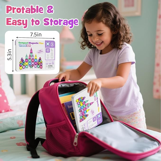 Mini Magnetic Tiles with Iron Box, 40PCS Travel Size Magnet Building Blocks Toy Set, Protable Construction Block Sensory Toys Preschool Toddler Boy Girls Age 3+ STEM Educational Learning Kit