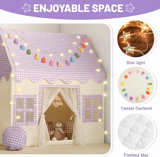 Kids Play Tent Indoor: Mat, Tassel Garland, Star Lights - Purple Checkered Girls Tent Playhouse for Toddlers Kids Toys for Boy Girl Birthday Gift