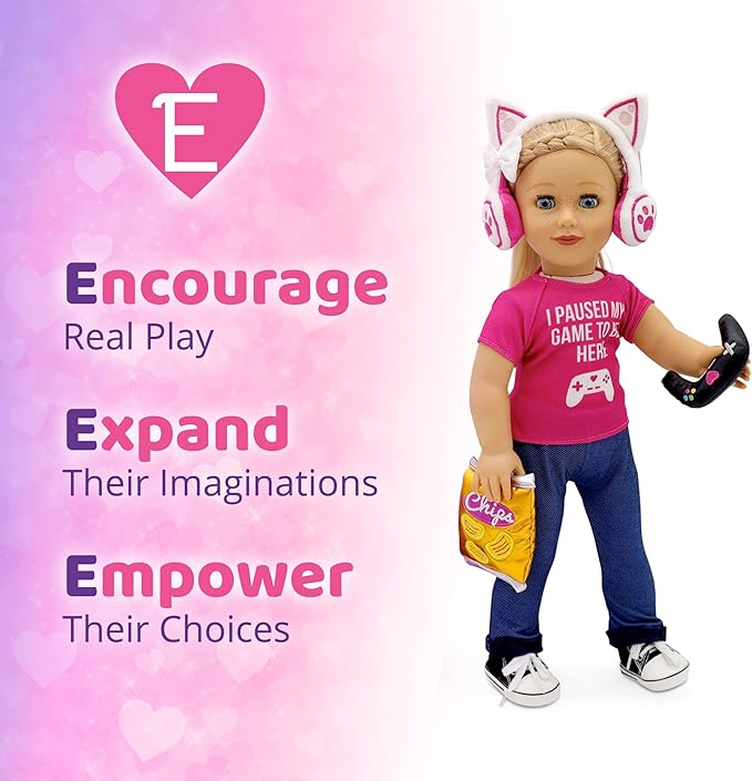 Playtime by Eimmie 18 Inch Doll Clothes and Accessories - Gamer Girl Outfit with Shoes, Clothing Sets & Stuff - Fits American, Generation & Other 18" Dolls for Girls
