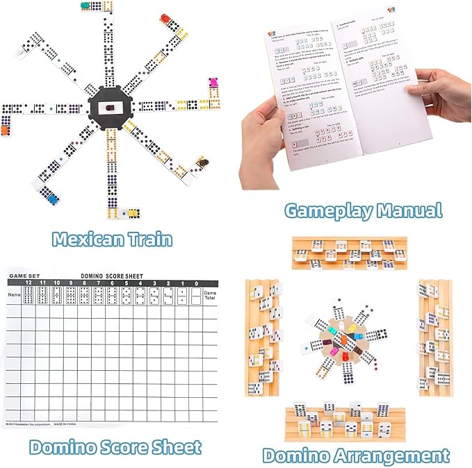 Upgraded Double 12 Mexican Train Dominoes Set with 8 Wooden Racks & 91 Number Tiles Portable Travel Board Game for Kids and Adults Family Game Night
