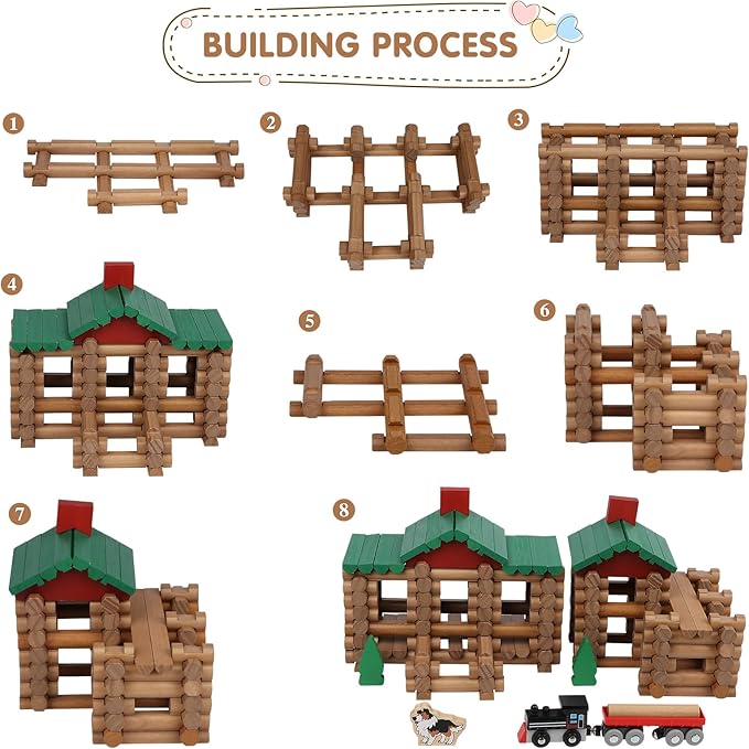 Wondertoys 208 Pcs Wooden Log Set - Classic Building Logs Ages 3+ - Best Retro Building Gift Set for Boys - Creative Construction Engineering Educational Gifts