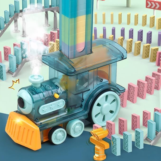 Domino Spray Train Toy Kids Games Upgrade 80Pcs with Arch Bridges Automatic Dominoes Building Set Rally STEM Montessori Stacking Toys for 3+ Year Old Toys Gifts for Birthday Christmas Halloween