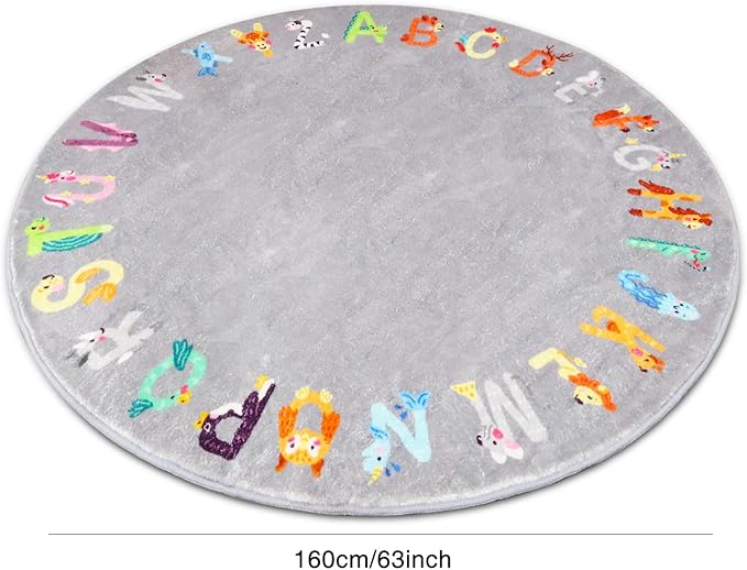Round ABC Kids Rug,5.2 ft Animal Alphabet Playroom Rug,Washable Non-Slip Cute Nursery Rug for Kids Room,Educational Kids Play Rug Classroom Carpet for Playroom Kids Room Bedroom Decor