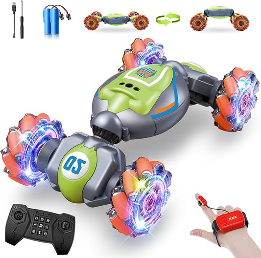 Rc Car Boys Toys 6-8 Years Old,Cool Birthday Gifts for Boys Ages 8-13 4WD Gesture Sensing Rc Stunt Car for Ages 5 7 9 10 Years Old Kids with Light and Music-Large Green