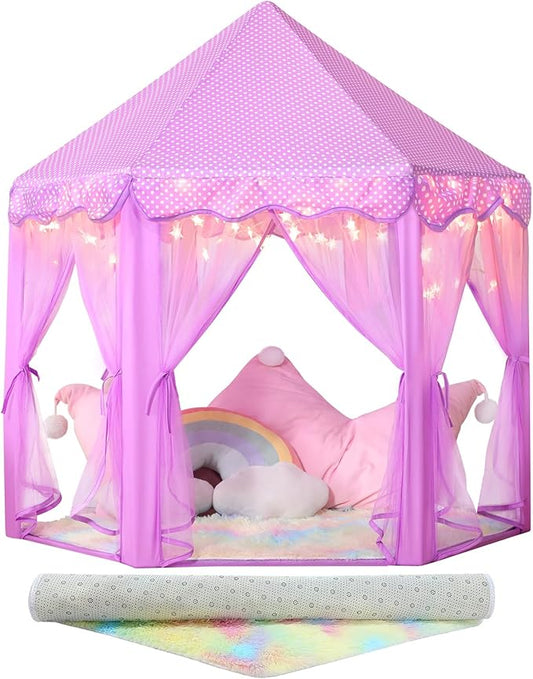 Princess Tent for Girls Indoor: with Rainbow Rug, Star Lights - Purple Play Tent for Kids, Girls Toys for Indoor Princess Games