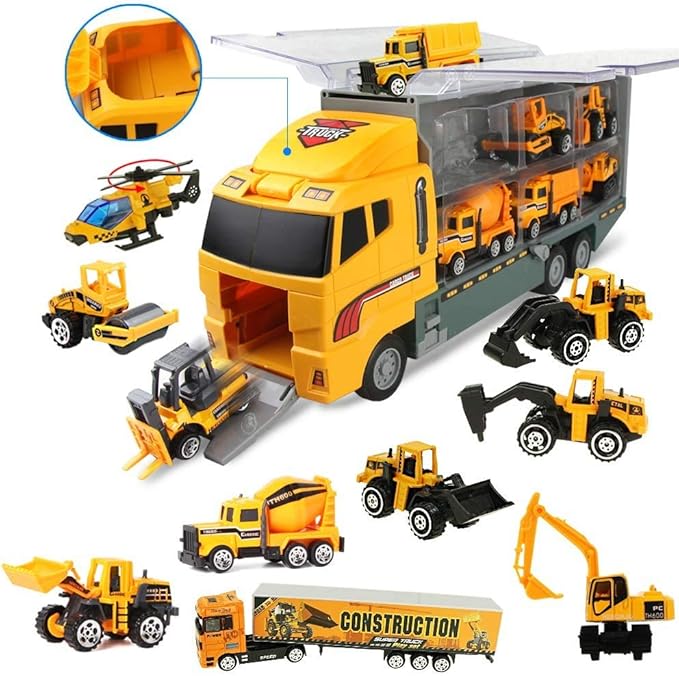 Coolplay 11 in 1 Construction Cars and Trucks Toy for Boys Yellow Truck Carrier Toy Set Little Die-cast Vehicles Mini Excavator Backhoe Mixer Dump Truck Cars for Kids Ages 3-8