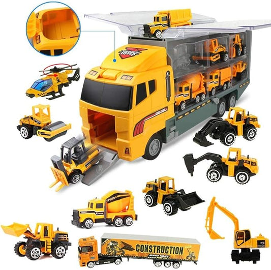 Coolplay 11 in 1 Construction Cars and Trucks Toy for Boys Yellow Truck Carrier Toy Set Little Die-cast Vehicles Mini Excavator Backhoe Mixer Dump Truck Cars for Kids Ages 3-8