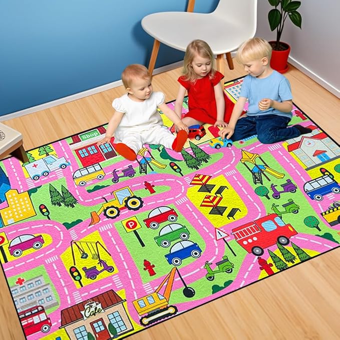Car Track Rug - Car Rugs for Kids Toy Cars City Life Road Rug Large Kids Play Mat Car Carpet for Boys Girls Playroom Living Room Bedroom Classroom, 5'×7'
