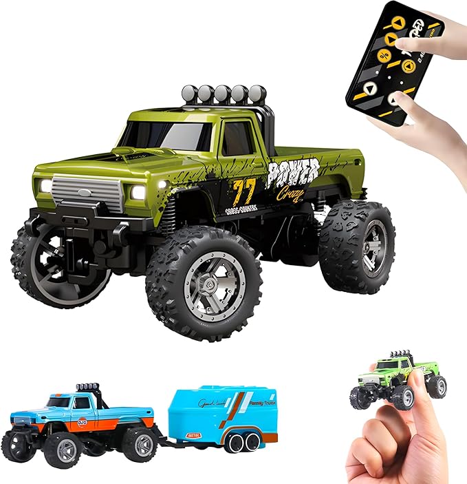Atlodas Mini Rc Truck, Mini RC Monster Truck, 1:64 Scale Monster Truck Remote Control Car with Lights, 2.4Ghz Remote Control, Speed/Steering Adjustable (Green)