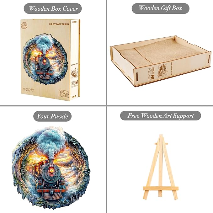KAAYEE Wooden Puzzles for Adults 95 Pieces Visual 3D Steam Train Wooden Jigsaw Puzzles for Adults Unique Shaped Train Wood Puzzle Gifts for Mother's Day Adult Kids(8.4 * 8.5 in)