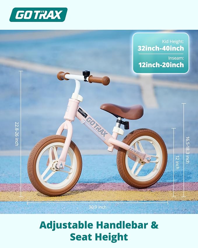 Gotrax KS12 Balance Bike for 2-5, 12" Toddlers Push Bike with LED Light, Adjustable Soft Seat & Handlebar, Flat-Free Tires & Easy Assembly Kids Bicycle, Lightweight & No Pedal, Gift for Boys Girls