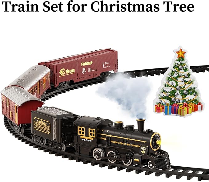 TEMI Train Set for Kids 3-12 Years, Electric Classical Steam Engine Locomotive with Steam, Light and Sounds, Rechargeable Model Trains Kit Toys w/Passenger Carriage for Boys and Girls