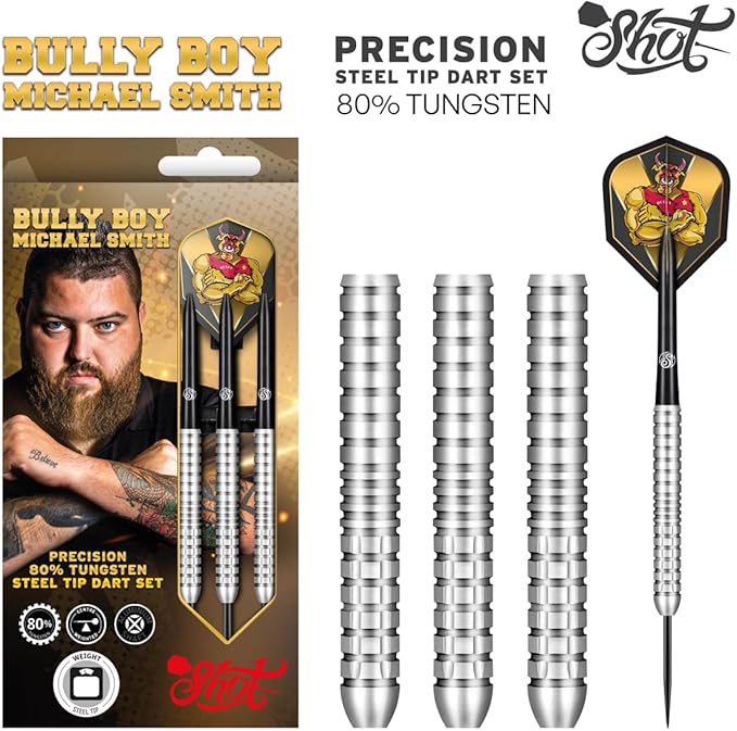 Shot! Darts Steel Tip, Michael Smith Bully Boy Precision (22g/23g/24g/25g), 90% Tungsten Barrel, Handcrafted Professional Dart Set & Flights Made in New Zealand, Metal Tip for Bristle Dartboard