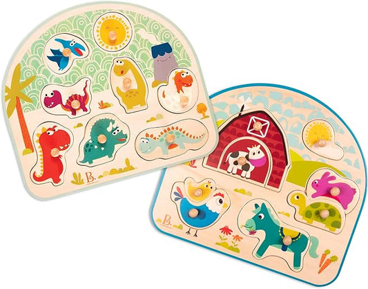 B. toys- Peg Puzzle 2-Pack - Dinos & Farm Animals- Wooden Peg Puzzles- 8 Pieces Each – Classic Toys for Toddlers, Kids – 18 Months +