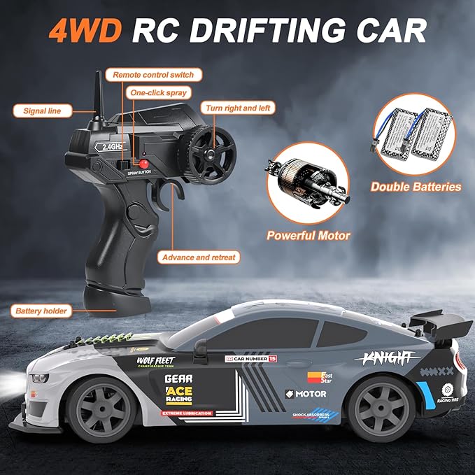 Dollox Remote Control Car 1/16 Scale RC Drift Car 2.4GHz 4WD High Speed 18+KM/H Vehicle with LED Lights and Spray, Extra Drifting Tires Racing Vehicle Toys Birthday Gifts for Adults Boys, 2 Batteries