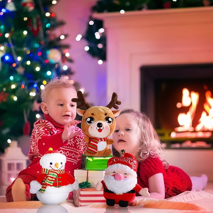 Threan 3 Pcs Christmas Plush Toy Doll Set Christmas Santa Stuffed Animal Toy Reindeer Cute Snowman Elk Claus Plush Gifts Xmas Party Favors Home Office Decor for Adults Boy Girl(Snowman, Santa, Elk)