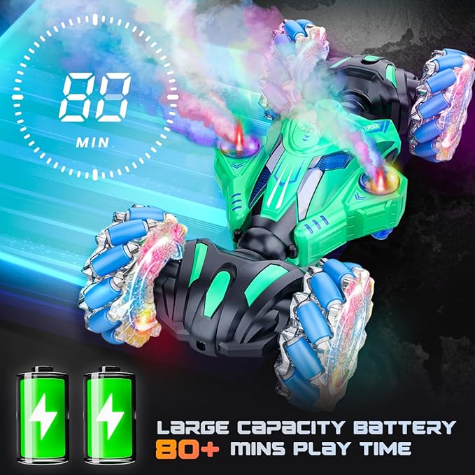 BEZGAR Remote Control Car Toy for Ages 8-13, Large Gesture Sensing RC Stunt Car with Lasertracking, Lights & Music, 4WD All Terrain Crawler with 2 Rechargeable Batteries, Birthday Gifts for Boys