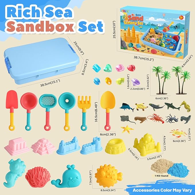 FRUSE Ocean Sensory Bin,Play Sand Art Kit with 2.2lbs Play Sand,12 Sea Animal Toys,Sand Molds,Role Play Beach Toy Sandbox Toys for Toddlers 3 4 5 6 7