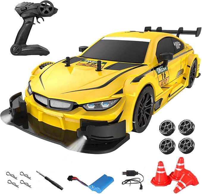 Remote Control Car RC Drift Car, 1:16 Scale Electric RC Car with LED Lights 2.4GHz 4WD 40km/h RTR High Speed Racing Sport Toy Car for Adults Boys Girls Kids Gifts (Yellow)