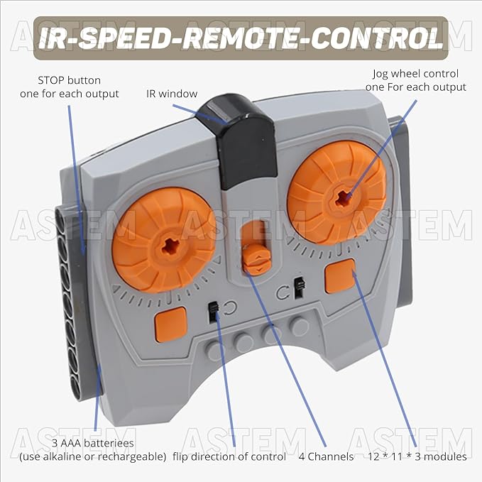 36Pcs Power-Function Set - Compatible with Technic Parts. Includes Battery Box, IR Speed Remote Control, IR Receiver, Motor, Power-Function Light, Extension Wire, Servo Motor, Shock Absorber