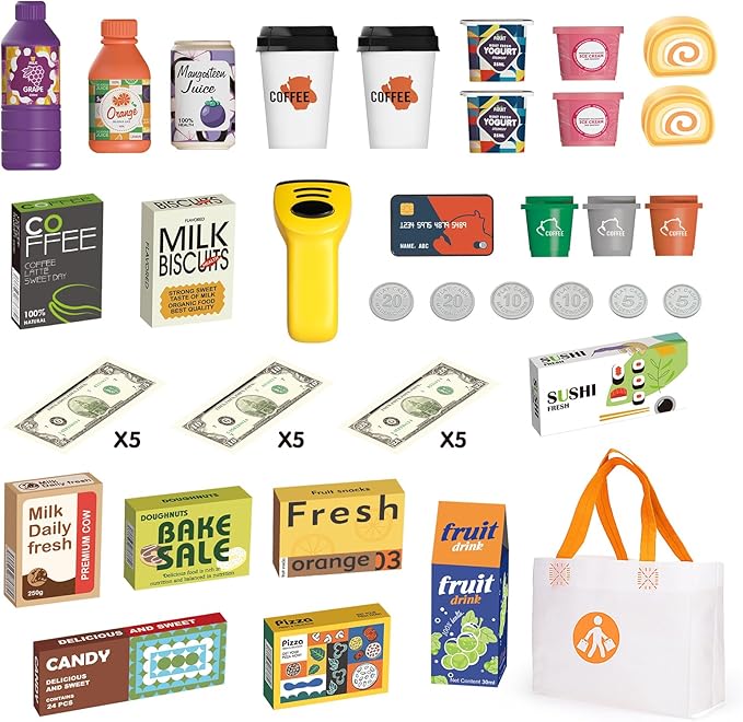 48-Piece Pretend Play Cash Register Toy Set for Kids with Water Outlet Function - Calculator, Shopping Bag, Scanners, Coffee Machine, Play Food - Gift for Boys and Girls Ages 3+（Pink）