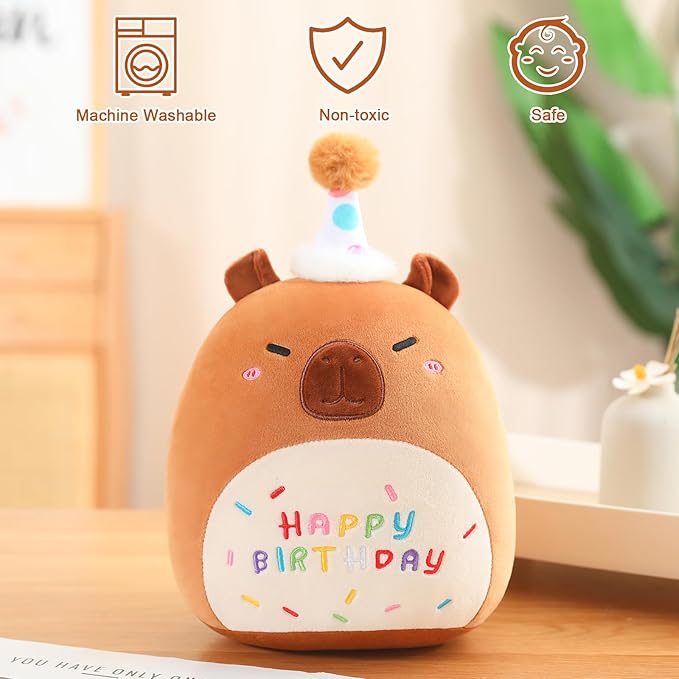 SQEQE Capybara Stuffed Animal Toy Happy Birthday Capybara Plush Cute Birthday Plushies Doll Home Decor for Kids Girls Boys 10 Inch