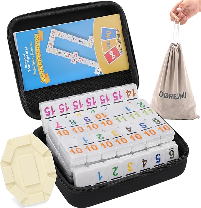 Mexican Train Dominoes Double 15 Set | 136 Colored Number Tiles with Lightweight EVA Case | Family & Adult Strategy Board Game for Travel