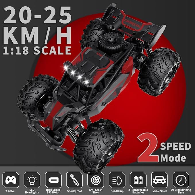 Remote Control Car, 2.4GHz 20-25KM/H Variable Speed Turbo 2-Speed Acceleration High Speed RC Car, 1:16 Off-Road Monster Truck with LED Lights and 1800mAh Rechargeable Battery – Ideal Gift for Boys 6
