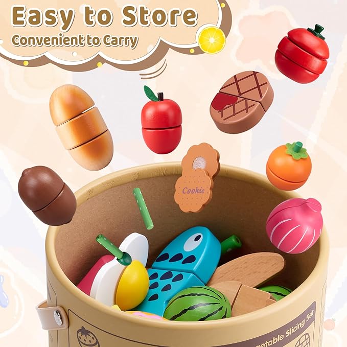 Wooden Play Food Sets for Kids Kitchen Accessories, Pretend Toy Food Velcro Fruit and Veggies Cutting Food Toy Set, Play Food Montessori Toys for 3 4 5 6 7 8 Boys and Girls Gift