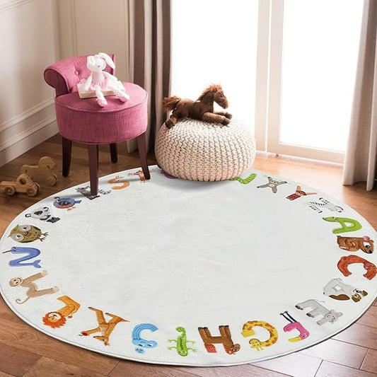 ABC 4ft Round Kids Play Rug - Soft Crawling Mat, Non Slip Alphabet Educational Rug for Toddlers, Baby, Nursery, Playroom, Classroom, Bedroom Decor