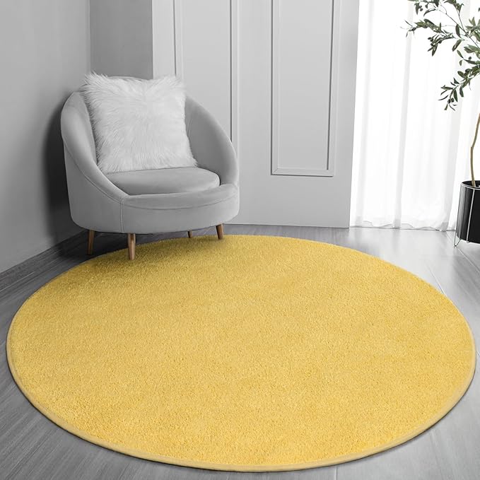 FlyDOIT Round Area Rugs for Bedroom Living Room, 4x4 Yellow Super Soft Comfy Thickened Memory-Foam Indoor Circle Carpets, Modern Aesthetic Minimalist Carpet for Boys Girls Adults Nursery Home Décor