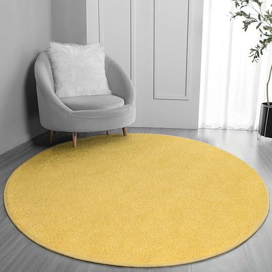 FlyDOIT Round Area Rugs for Bedroom Living Room, 4x4 Yellow Super Soft Comfy Thickened Memory-Foam Indoor Circle Carpets, Modern Aesthetic Minimalist Carpet for Boys Girls Adults Nursery Home Décor