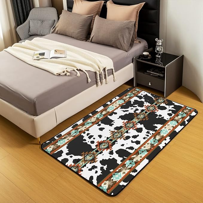 Erosebridal Cowhide Area Rug 5x6'6'', Black and White Highland Cow Print Rug, Western Exotic Aztec Non Slip Carpet for Bedside, Farmhouse Wild Animals Longhorn Skin Cowboys Accent Rug for Men