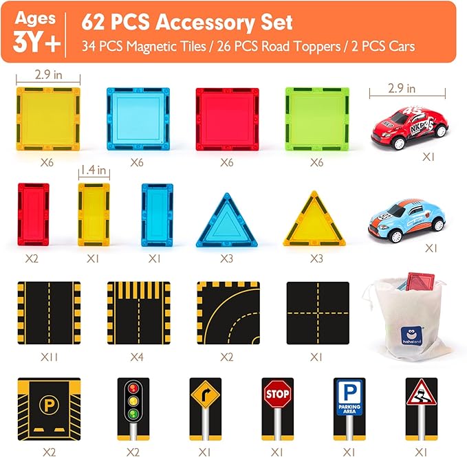 hahaland Magnetic Tiles Road Set - Magnetic Construction Toys with Cars for Ages 3-5 Toddlers Kids Preschool Montessori Toys for 3 4 5 6 7 Year Old Boys Girls Easter Birthday Gifts