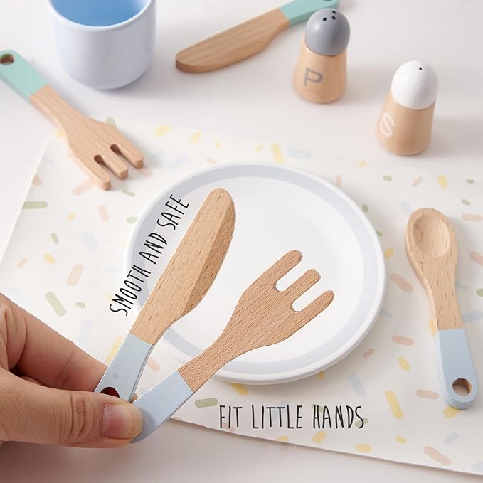 Wooden Play Kitchen Accessories Toys for Toddlers 3-5, Kids Play Kitchen with Realistic Plates & Dishes & Tableware, Montessori Pretend Christmas Birthday Gifts for 3 4 5 6 Years Girls Boys